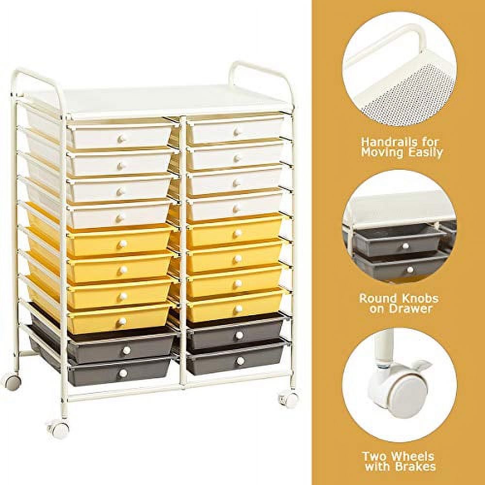 GOFLAME 20-Drawer Rolling Storage Cart, Multifunctional Art Craft Organizer Cart, Mobile Utility Storage Cart with Removable Drawers \u0026 Lockable Wheels, Craft Cart for Home Office School, Yellow